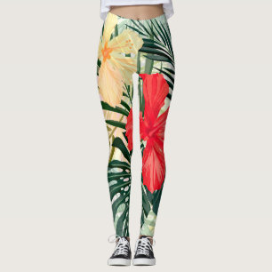 Leggings Plantes tropicaux hawaïens, fleurs colorées.