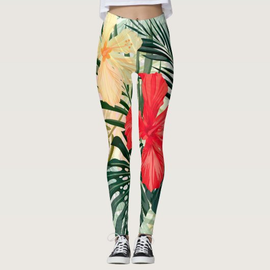Leggings Plantes tropicaux hawaïens, fleurs colorées. (Devant)