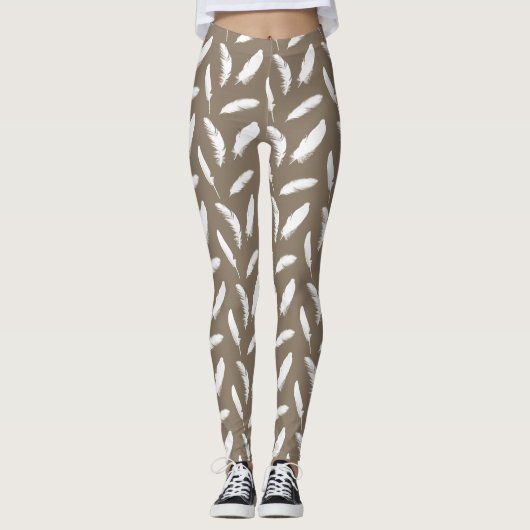 Leggings Plumes blanches Imprimer sur tan taupe (Devant)