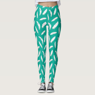 Leggings Plumes blanches Imprimer sur turquoise
