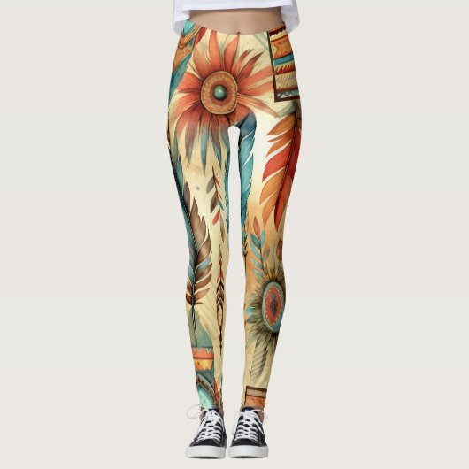 Leggings Plumes bleues de la tribu Aztec Boho (Devant)