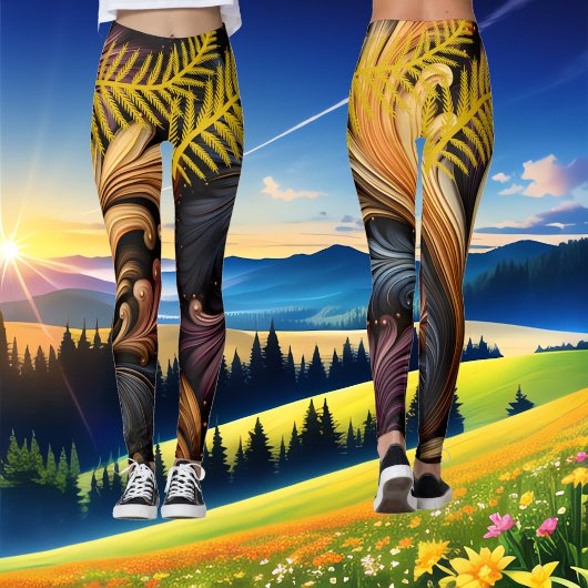 Leggings Plumes d'or Abstrait Art Vibrant Dark Motif