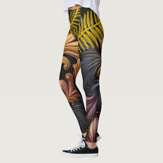 Leggings Plumes d'or Abstrait Art Vibrant Dark Motif (Gauche)