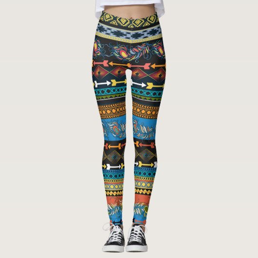 Leggings Plumes ethniques : Broderie Boho Chic (Devant)