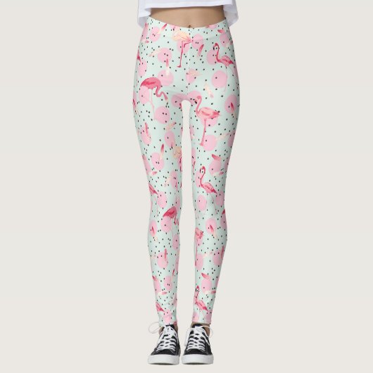 Leggings Plumes Flamants roses sur Pois 2 (Devant)