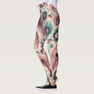 Leggings Plumes Peacock Abstrait Motif rose Turquoise