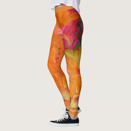 Leggings Plumes roses orange et chaudes, Nom personnalisé (Gauche)