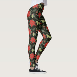 Leggings Poinsettias et Holly Feuille Berries Birds