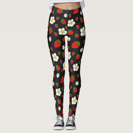Leggings Points rouges de fraise dans le noir (Devant)