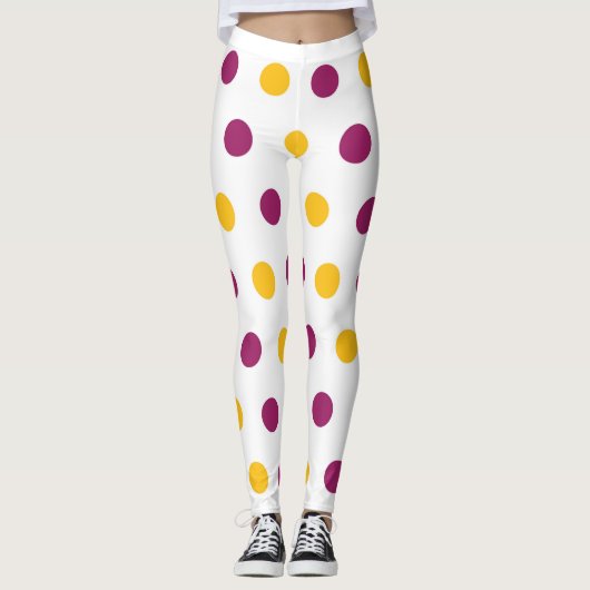 Leggings Pois jaune pourpre sur blanc, mignon et à la mode (Devant)