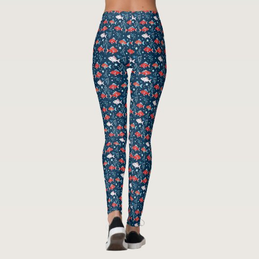 Leggings Poisson rouge et blanc sur bleu (Dos)