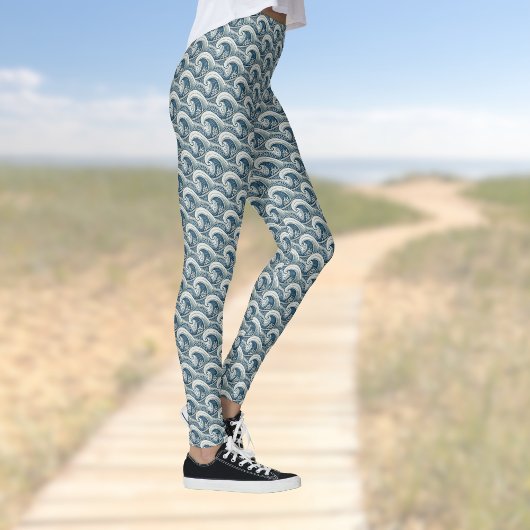 Leggings Polynesian Beach Waves and Flowers Ethnic Pattern