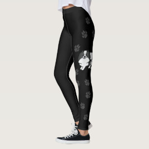 Leggings Pomeranian Parti-Coleur Noir Dessin Animé de Chien