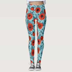 Leggings Poppies, rouge et bleu sur le bleu de la piscine