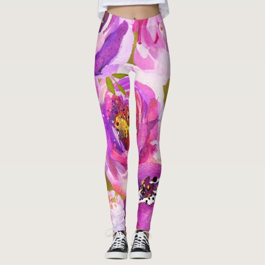 Leggings Pops de rose et violet floral vibrant (Devant)