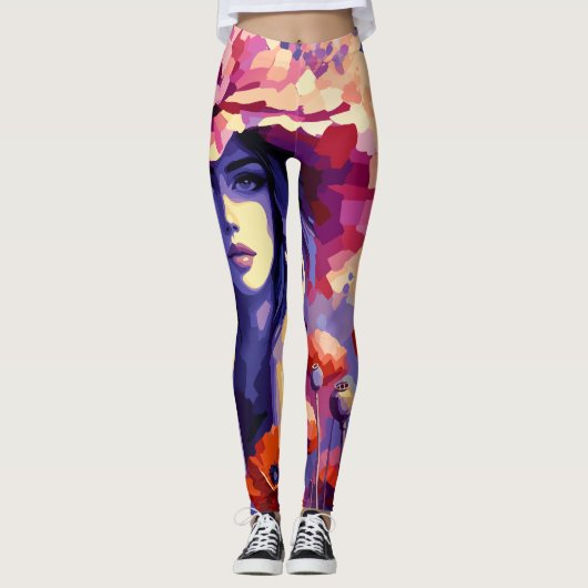 Leggings Portrait de Femme Abstraite & Fleurs (Devant)