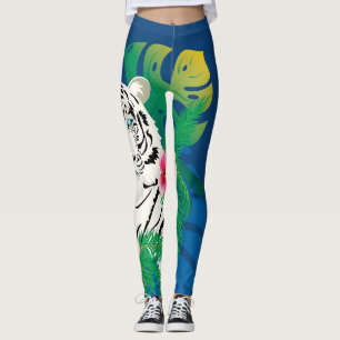 Leggings Portrait de tigre blanc avec feuilles tropicaux