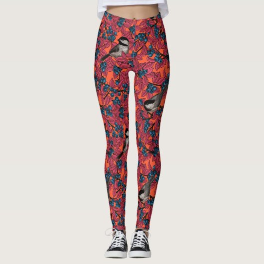 Leggings Poulet sur les branches de bleuets sur l'orange (Devant)