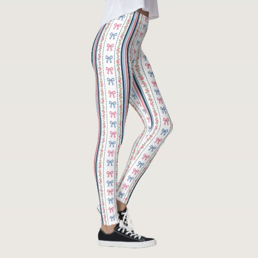 Leggings Preppy Pink Blue Coquette Bows Stripes Trendy (Droite)