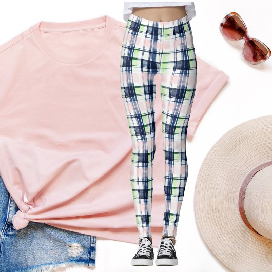 Leggings Preppy Plaid Navy bleu rose vert brosse