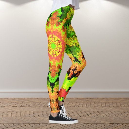 Leggings Psychédélic Hippie Flower Green Orange and Red