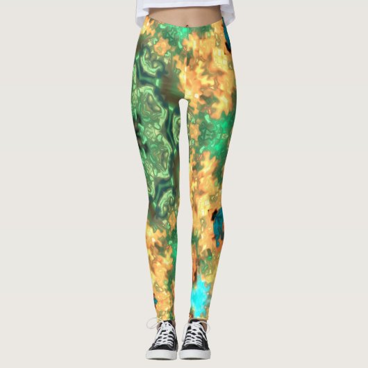Leggings Psychédélique Mandala Flower vert et jaune (Devant)