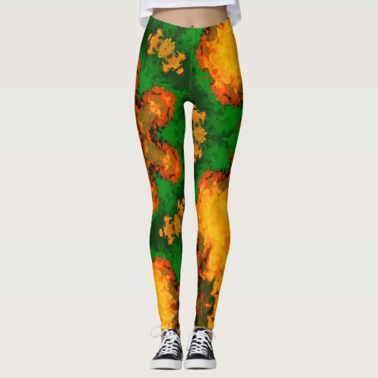 Leggings Psychédélique Mandala Flower vert orange et jaune (Devant)