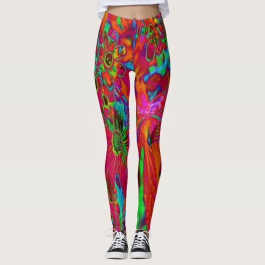 Leggings Psychédélique Super rouge et Fleurs sauvages verts (Devant)