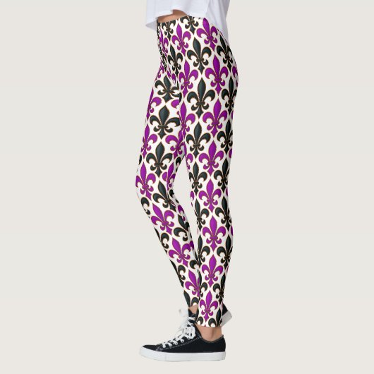Leggings Purple Black Baroque Fleur-de-lis Pattern Design  (Gauche)