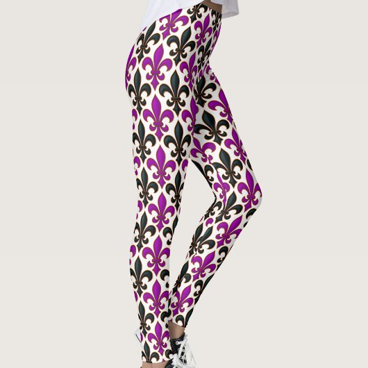 Leggings Purple Black Baroque Fleur-de-lis Pattern Design 
