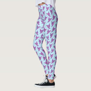 Leggings Purple Butterflies on Light Blue, Butterfly Print