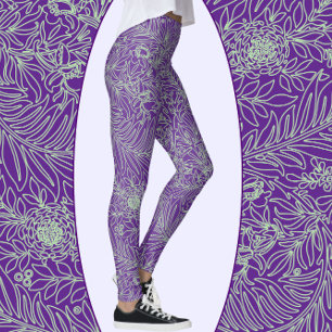 Leggings Purple et Sage Green Élégant Floral et Vignes