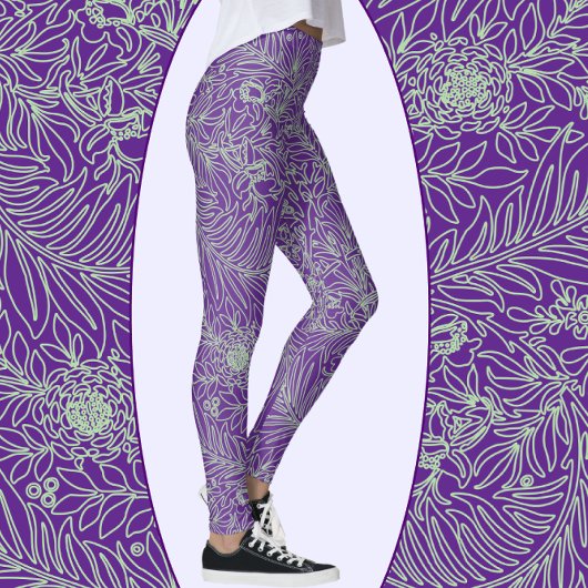 Leggings Purple et Sage Green Élégant Floral et Vignes