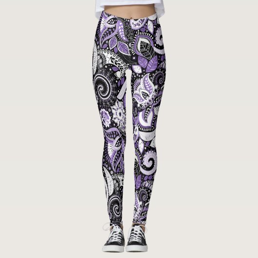 Leggings Purple White Black Paisley Motif d'impression (Devant)