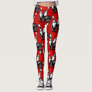Leggings Quilles de bowling rétro noir et blanc sur fond ro