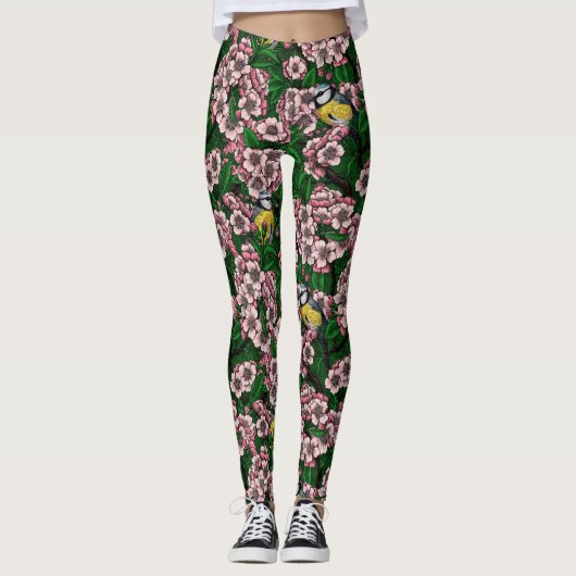 Leggings Rameaux bleus dans le cerisier en fleurs en vert (Devant)