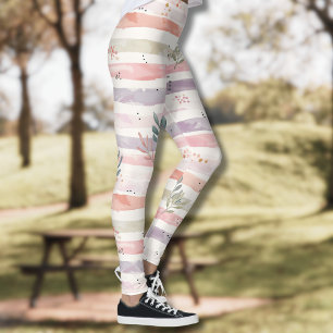 Leggings Rayures de feuilles pastel à l'aquarelle vintage