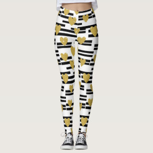 Leggings Rayures noires et blanches à motifs de coeurs doré