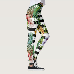 Leggings Rayures tropicales de noir de fleur d'ananas