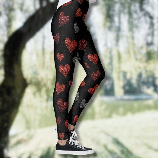 Leggings Red Burgundy Silver Glitter Hearts on Black