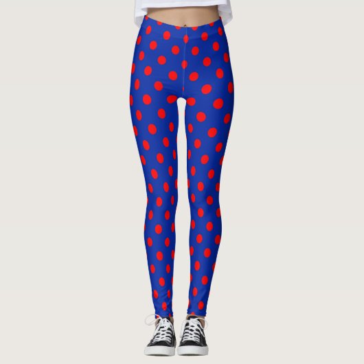 Leggings Red On Blue Polka Dots Pattern Design  (Devant)