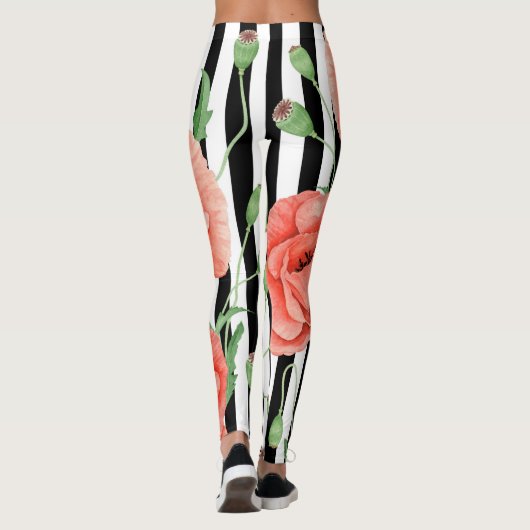 Leggings Red Poppies Black Stripes Chic (Dos)