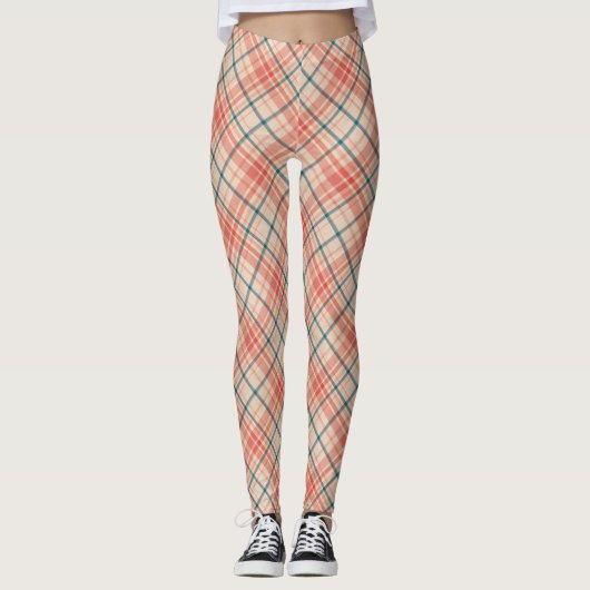 Leggings Red Turquoise Diagonal Madras Plaid Motif (Devant)