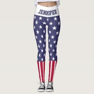 Leggings Red White Blue Stars Stripes USA flag Votre nom
