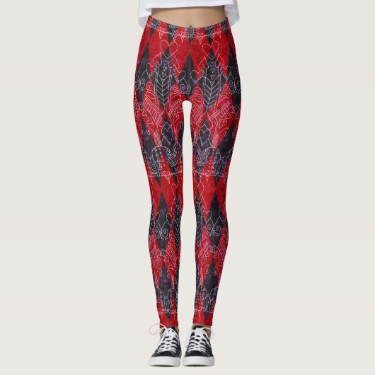 Leggings Reine des Coeurs Arlequin Rouge Noir Blanc (Devant)