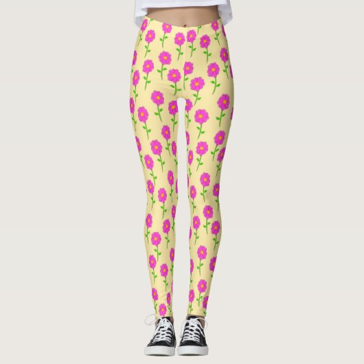 Leggings Repeat Flower Pattern with Hot Pink Flowers (Devant)
