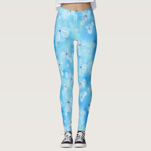 Leggings Répéter bleu ciel pâle - fleurs d'aquarelle blanch (Devant)