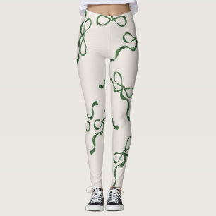 Leggings Retro Christmas Bows Holiday Classic Green