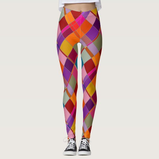 Leggings Retro Colorful Checkered Geometric Pattern  (Devant)