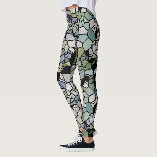 Leggings Retro Hip Taupe Turquoise Blue Green Mosaic Motif  (Gauche)
